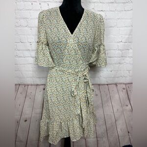 C &‎ V Chelsea & Violet floral print ruffle knee length sheer wrap dress, sz S